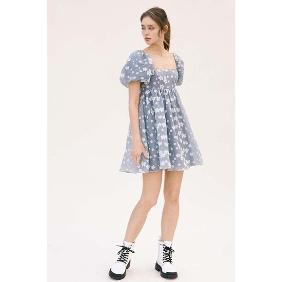 Storia Romantic Floral Babydoll Mini Dress Blue Puff Sleeve Cottage Medium - Picture 3 of 9